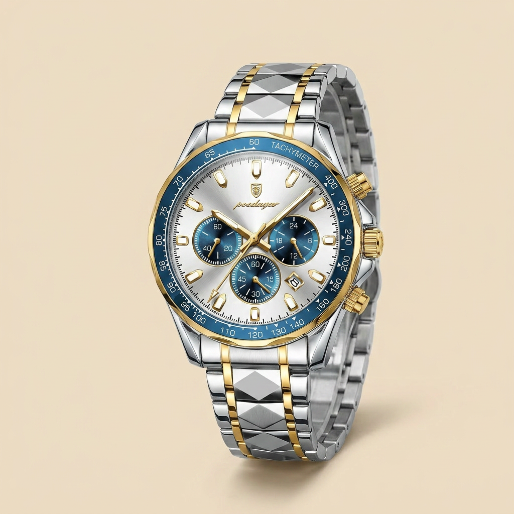 Two-tone alloy round luminous quartz chronograph sports watch front view with gold case, black dial and luminous markers close-up