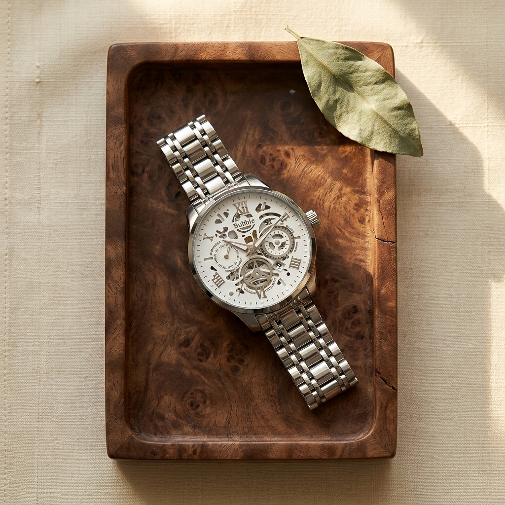 Two-tone gold stainless steel round skeleton quartz wristwatch close-up on a walnut burl tray with dried flowers lifestyle scene