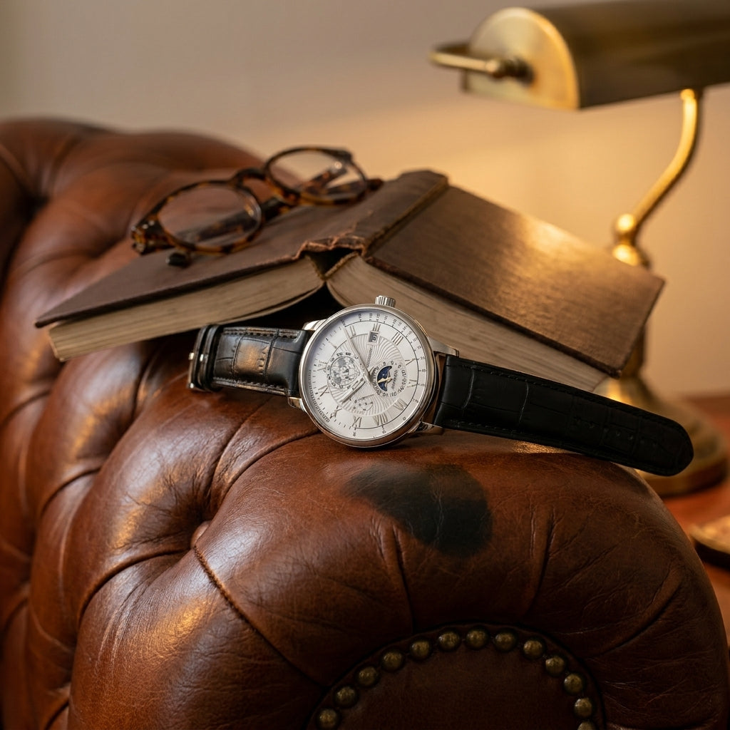 Two-tone stainless steel men’s watch with black dial and gold tone side profile near library armchair under ambient light