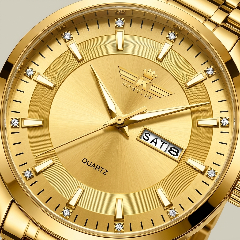 Close-up front detail of two-tone stainless steel men's quartz watch with black dial and mineral glass crystal