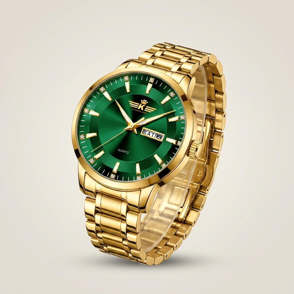 Three-quarter angle view of full gold bracelet men's quartz watch with blue dial and day date display
