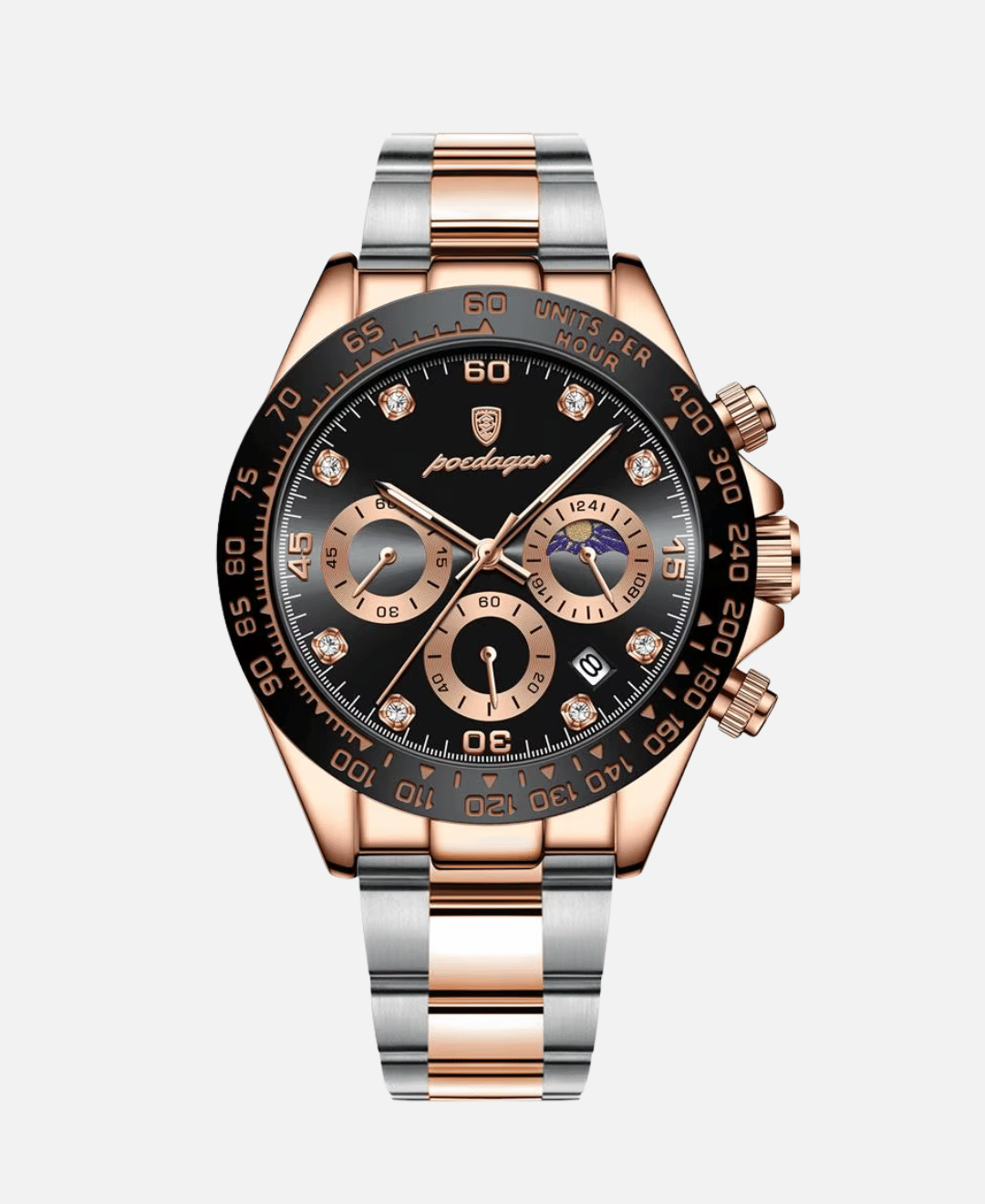 Veltona Chronograph Wristwatch Stainless Steel with Sapphire Crystal, featuring a rose gold and silver two-tone design, black dial, black bezel, diamond hour markers, and a day/night indicator.