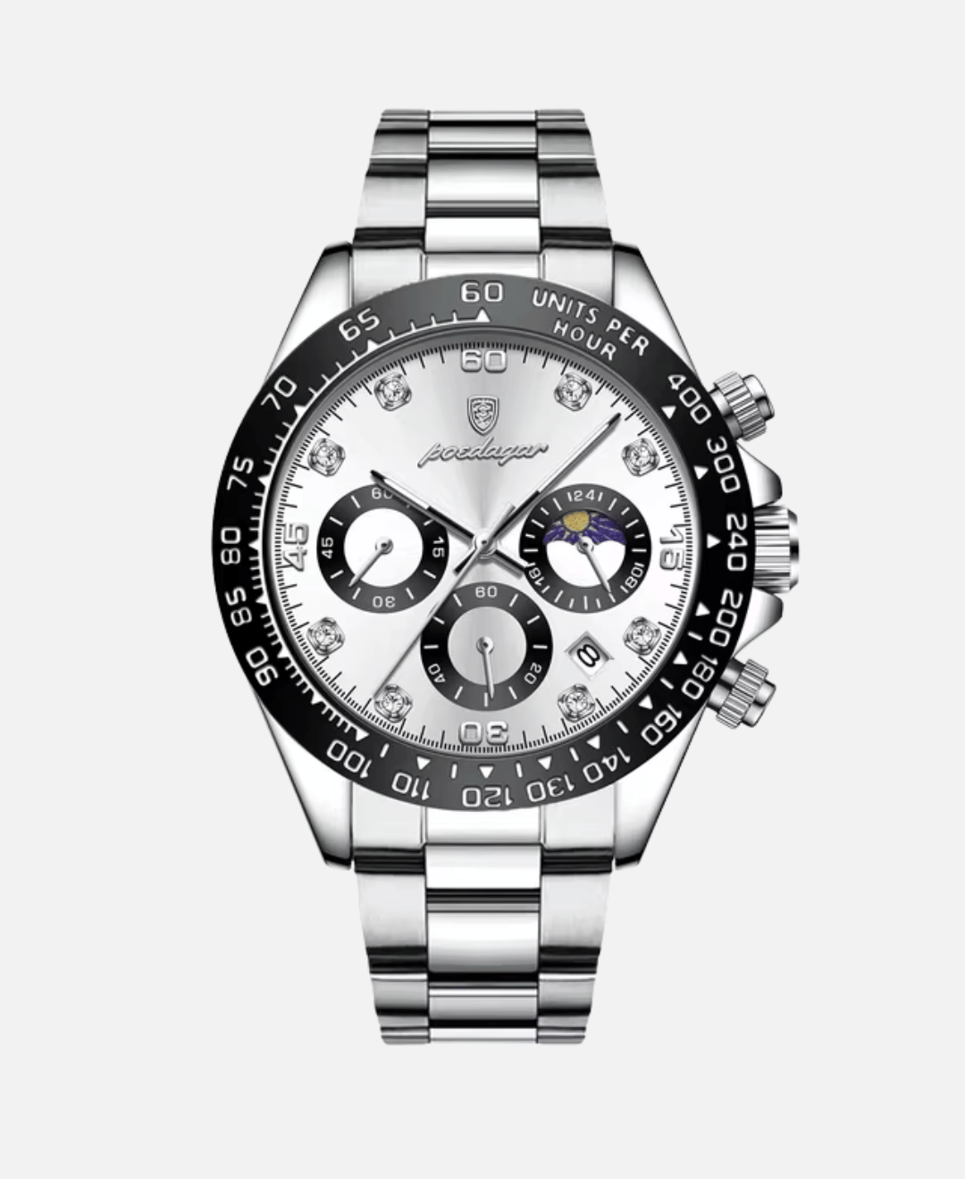 Veltona Chronograph Wristwatch Stainless Steel with Sapphire Crystal, featuring a white dial, black bezel, diamond hour markers, and a day/night indicator.