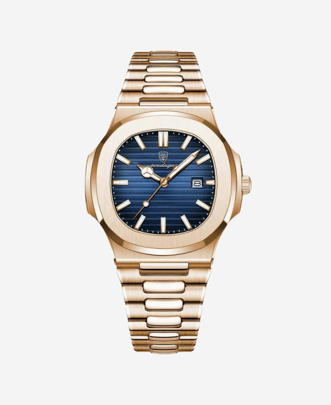 Veridian Iconic Skincare Set with Natural Botanical Extracts, featuring a gold watch with a blue striped dial, date display showing 8, and a gold metal strap.