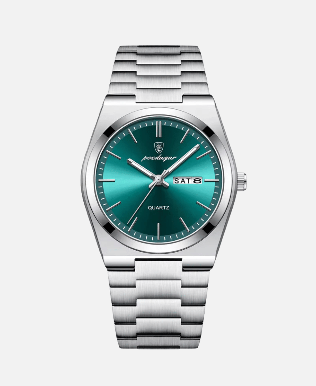 Veridian Iconic Skincare Set with natural botanical extracts, featuring a silver watch with a metal strap and a teal green face.