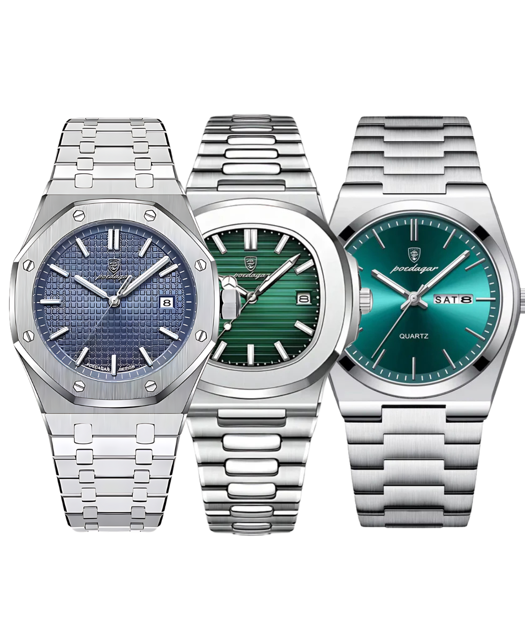Three silver watches with metal bands. The first watch has a blue textured dial, the second a green textured dial, and the third a teal sunburst dial with 'SAT 8' and 'QUARTZ' text. All feature the 'poedagar' logo.