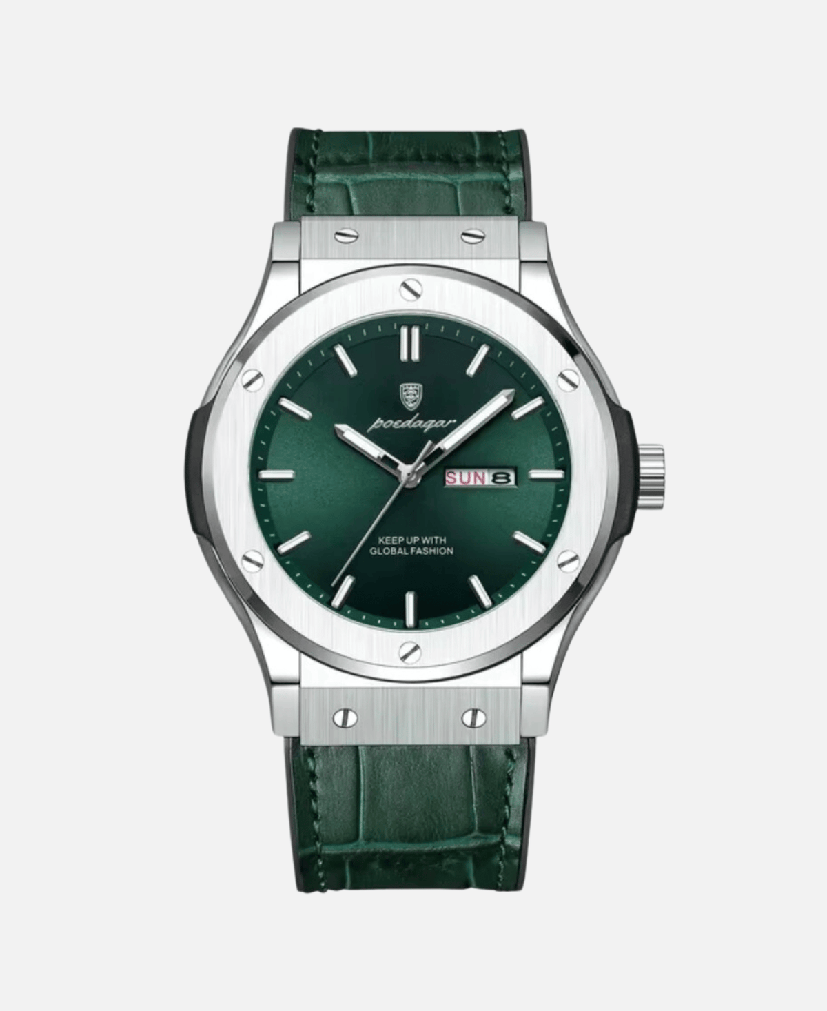 Modern silver watch with a dark green dial, a date window showing 'SUN 3', and a dark green crocodile-patterned leather strap.