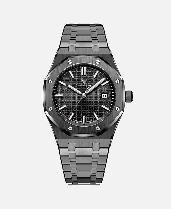 Dark grey watch with a textured black dial, metal strap, and date window.