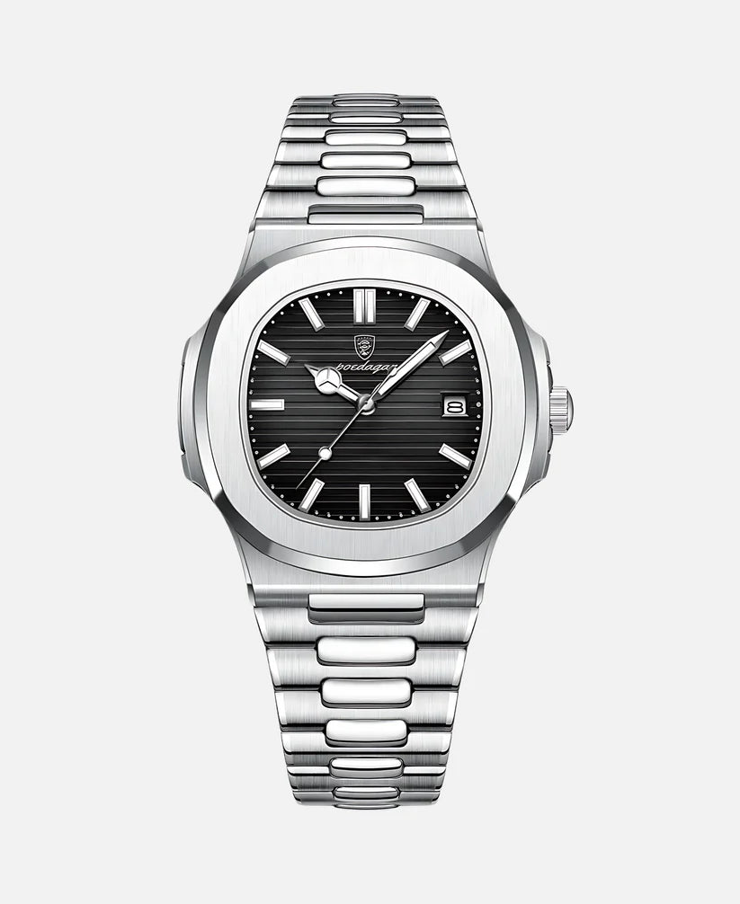 Silver watch with a black dial, metal strap, and date window.