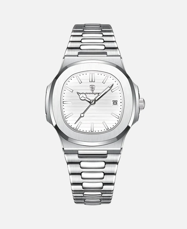 Silver watch with a white dial, metal strap, and date window.