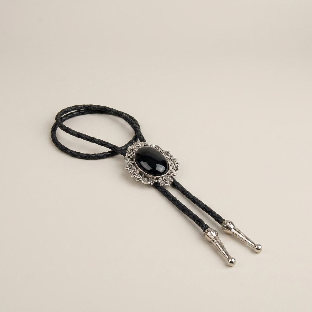 Top-down view of vintage Western bolo tie black onyx oval cabochon stone with antique silver pendant and black rope chain sliding clasp