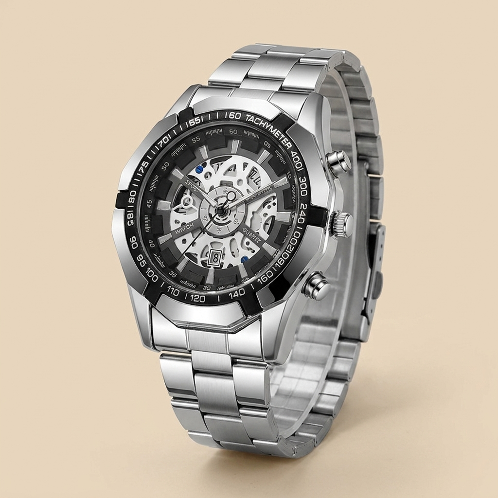 Alloy Round Skeleton Quartz Calendar Chronograph Wrist Watch