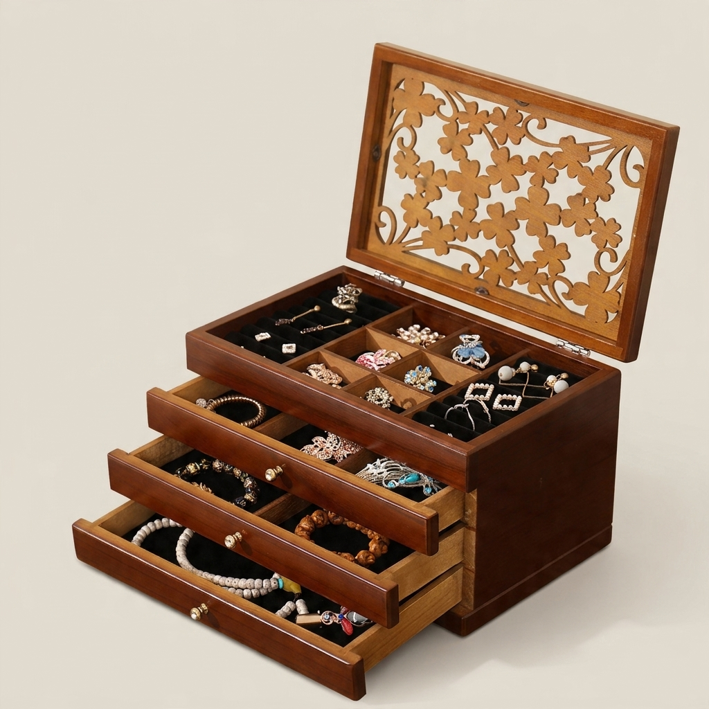 Walnut Wood Rectangular Chinese Retro Lockable Jewelry Box with Velvet Interior