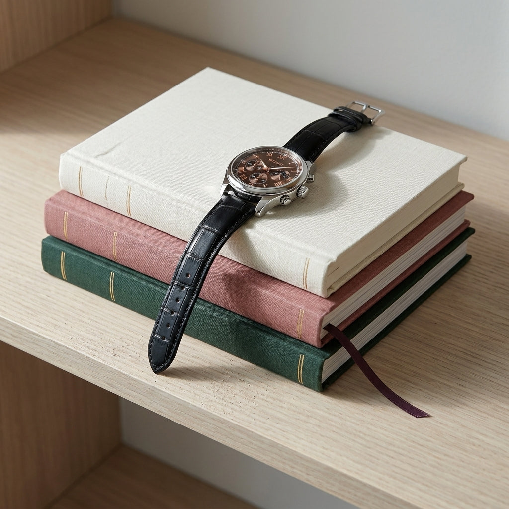 Lifestyle scene — Plastic Round Quartz Analog PU Strap Business Wristwatch