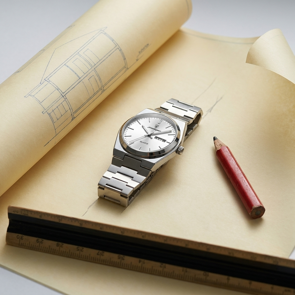 Lifestyle scene — Alloy Round Luminous Screw-Down Crown Quartz Analog Wrist Watch